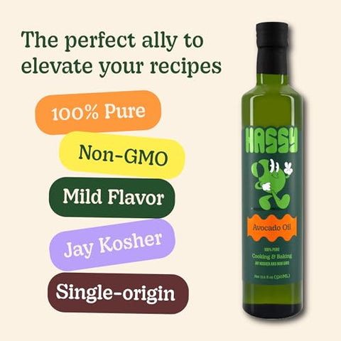 HASSY Avocado Oil 100% Pure , Cooking & Baking, High Smoke Point, Non-GMO, Kosher , 17.2 fl oz, 510 ML - Created by Avocado Farmers Ã¢â‚¬â€œ High-Heat, Frying, Grilling & Everyday Cooking - Keto & Paleo Friendly - Single Origin