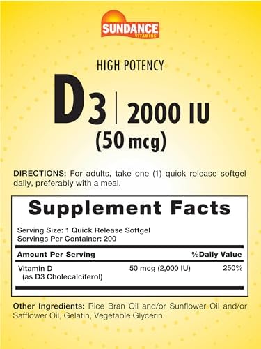 Sundance High Potency D3 2000 IU 200 Quick Release Softgels Essential Vitamin Formula NonGMO and Gluten Free Supplement