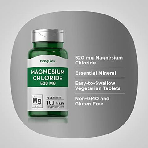 Piping Rock Magnesium Chloride 520mg 100 Tablets Vegetarian NonGMO Gluten Free Supplement