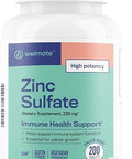 WELMATE Zinc Sulfate 220mg (200 Tablets) 50mg Elemental Zinc Supplements for Men and Women High Potency Immune Support Supplement Collagen Production and Cellular Growth Vegetarian and Gluten Free