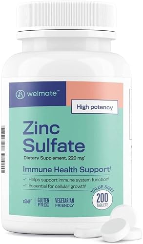 WELMATE Zinc Sulfate 220mg (200 Tablets) 50mg Elemental Zinc Supplements for Men and Women High Potency Immune Support Supplement Collagen Production and Cellular Growth Vegetarian and Gluten Free