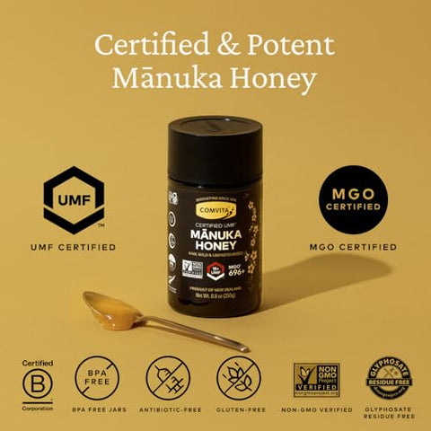 Comvita Manuka Honey UMF 18+ (MGO 696+) - Raw Manuka Honey New Zealand, Pure & Unpasteurized, Superfood for Immune Health, Use in Tea, Wild, Monofloral, Non-GMO - 250g (8.8 oz)