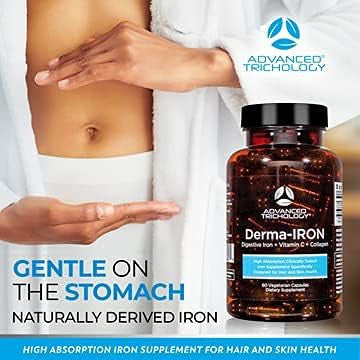 Advanced Trichology Derma-Iron Supplement For Women And Men - Iron Blood Builder Pills For Hair And Skin With Collagen And Natural Vitamin C, Low Iron And Ferritin, Thinning Hair, Hair Loss Support