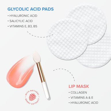 Maree Bundle Lip Mask & Glycolic Peel Pads Hyaluronic Acid & Coconut Oil Salicylic Acid & Vitamins E B3 B Nourish & Hydrate Dry Cracked Lips Face Pads With Cleaning Effect