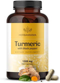 Herbamama Curcumin Turmeric Capsules - 1500Mg Curcuma Longa And Black Pepper Extract For Uric Acid & Digestive Support - Vegan Non-Gmo Turmeric Antioxidant Supplement 250 Caps