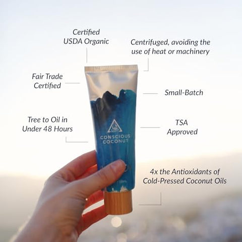 Conscious Coconut Travel-Ready Coconut Oil Tube (3.4 oz) ÃƒÂ¢Ã¢â€šÂ¬Ã¢â‚¬Å“ Organic, Fair Trade, Raw & Centrifuged | TSA-Approved Multipurpose Skin Care
