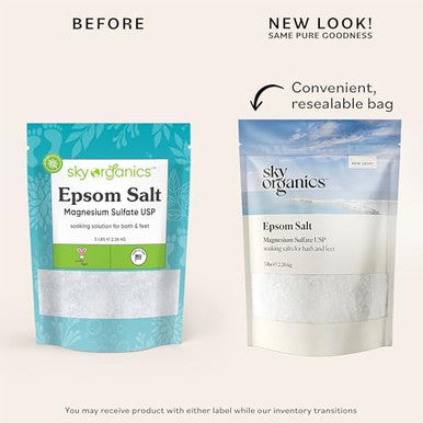 Sky Organics - Epsom Salt Bath Soak, 5 Lbs - Magnesium Sulfate Usp - 100% Pure, Medium Grain - Unscented - Soaking Bath Salts - Resealable Bag - Natural, Vegan & Cruelty - Self Care - Bath & Feet
