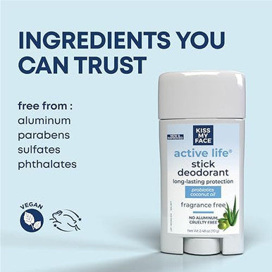 Kiss My Face Active Life Deodorant Contains Naturally Derived Ingredients 72 Hour Odor Control Deodorant For Women And Men Aluminum With Coconut Oil And Probiotics Fragrance
