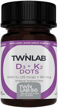 Twinlab Vitamin D3 1000 + K2 Dots - Bone & Heart Health - Immune Support - 25 Mcg 60 Tablets (1000 Iu)