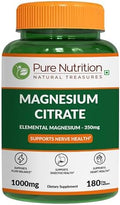 Pure Nutrition Magnesium Citrate 350Mg Elemental Per Serving 180 Veg Tablets Supports Bone Health and Overall Wellness Non Gmo