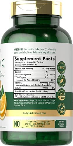 Carlyle Vitamin C Chewables | 180 Chewable Tablets | Vegetarian | Non-GMO, Gluten Free