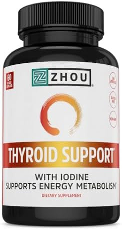 Zhou Thyroid Support Complex With Iodine Supplement, Increase Energy, Fight Brain Fog With Vitamin B12, Iodine, Magnesium, Zinc, Selenium, No Soy, Gluten-Free, 30 Servings, 60 Caps