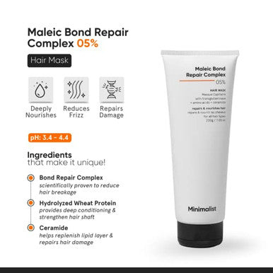 Minimalist Hair Mask For Damaged Hair Frizzy Hair Split Ends & Breakage Control | Maleic Bond Repair Complex 5% | Transglutaminase Amino Acids & Ceramides | For Women & Men | 7.05 Oz/200 Gm