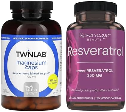 Twinlab Magnesium Caps for Stress Relief 420 mg 200 Count 1 Pack and Reserveage Beauty Resveratrol 250 mg Paleo Keto 120 Capsules