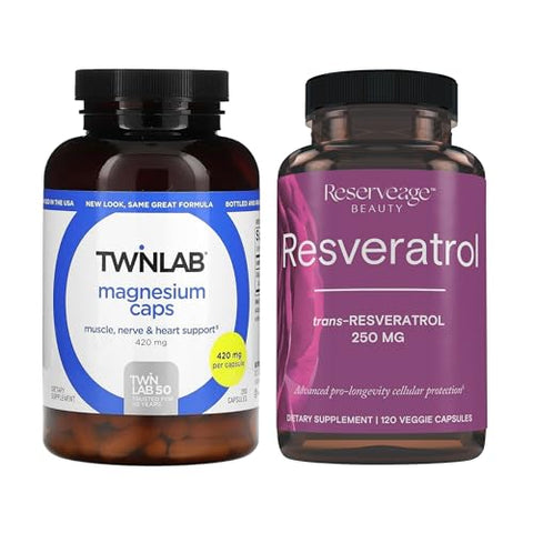 Twinlab Magnesium Caps for Stress Relief 420 mg 1 Pack and Reserveage Beauty Resveratrol 250 mg Paleo Keto 120 Capsules 200 Count