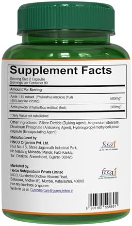 Pure Nutrition Amla Capsules (Indian Gooseberry) 1000 Mg Per Serving 180 Veg Capsules Amla Fruit Extract 500 Mg + Powder 500 Mg Standardized Extract NonGmo Herbal Supplement
