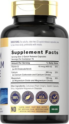 Carlyle Calcium Magnesium Citrate With Vitamin D3 150 Capsules Non-Gmo & Gluten Supplement