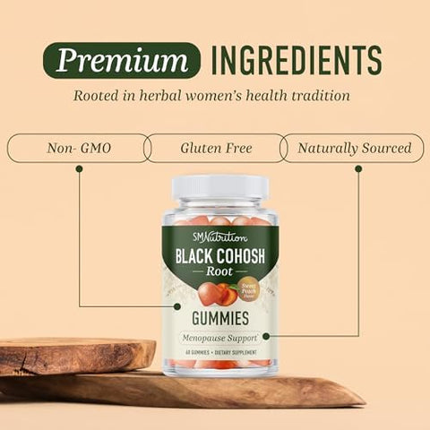 Smnutrition Black Cohosh Gummies For Menopause Relief Hot Flashes & Night Sweats 50Mg Black Cohosh Root For Women Gluten Vegetarian Nongmo Hormone Balance Support Yummy Peach Flavor 60 Gummies