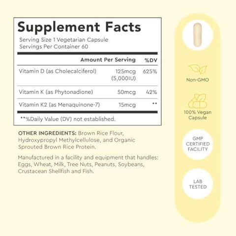 Alaya Naturals Vitamin D3 K2 Supplement 5000 IU D3 50 mcg K1 15 mcg K2 MK7 High Absorption Capsules for Bone and Immune Support NonGMO Vegetarian Capsules 60 Count