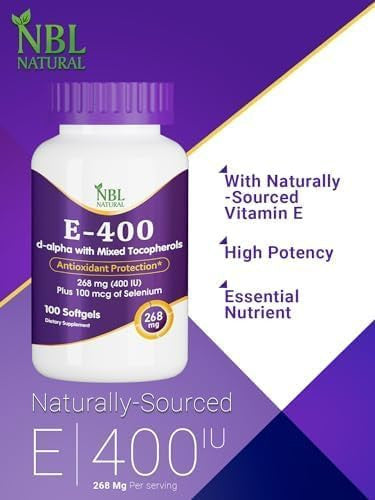 Nbl Natural NBL Natural Vitamin E-400 Mixed Tocopherols & Selenium 100 softgel Supports Heart Skin Immune Health & Antioxidant Protection for men and women