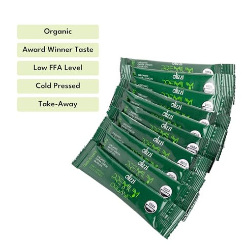 Olive Oil Packets - Olizzi Premium Organic Extra Virgin, New Harvest, Award Winning, Early Harvest, Cold Pressed, USDA Organic Certified, Single Serve, Mini, Salad Dressing To Go, Individual, Travel Size, 10 Single Use Packs (0.34 Fl Oz / Unit)