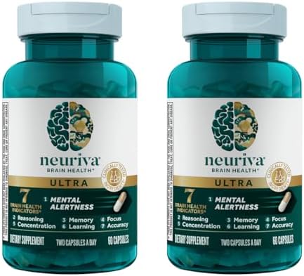 NEURIVA Ultra Decaffeinated Clinically Tested Nootropic Brain Supplement for Mental Alertness Memory Focus and Concentration Cognivive Neurofactor Phosphatidylserine Vitamins B6 B12 60 Capsules