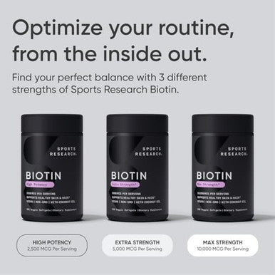 Sports Research Vegan Biotin 10,000Mcg With Coconut Oil - Max Strength Biotin Vitamin B7 For Skin And Keratin Support - Non-Gmo & Gluten Free, 120 Softgels (4 Month Supply)