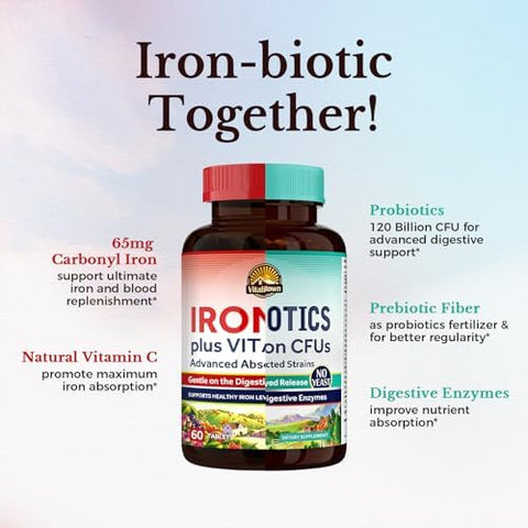 Vitalitown Probiotic + Iron Supplement Bundle Probiotics 120 Billion (Item 1) & 65Mg Iron Suplement (Item 2) Gut Bone Muscle Blood Building Energy Vegan 30 Capsules & 60 Tablets