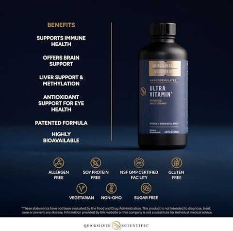 Quicksilver Scientific Liposomal Ultra Vitamin Liquid Multivitamin and Antioxidant Supplement for Energy Liver Health and Brain Support Bioactive B Complex Vitamin C D E and K (100ml)