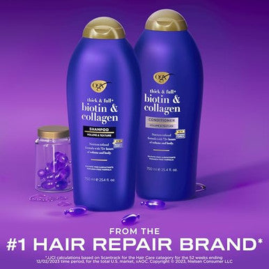 Ogx Thick & Full + Biotin & Collagen Extra Strength Volumizing Shampoo + Conditioner With Vitamin B7 & Hydrolyzed Wheat Protein For Fine Hair 25.4 Oz Pack Of 2