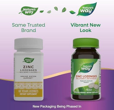 Nature'S Way Zinc Lozenges With Vitamin C & Echinacea, Immune Support, 23 Mg Of Zinc & 100 Mg Of Vitamin C Per Serving, Wild Berry Flavored, 60 Lozenges (Packaging May Vary)
