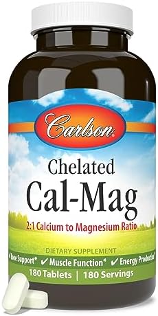 Carlson Chelated CalMag 2: 1 Calcium to Magnesium Ratio Bone Support Muscle Function and Energy Production 180 Tablets