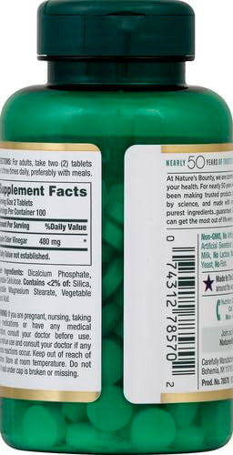 Nature's Bounty Apple Cider Vinegar 480Mg Pills Vegetarian Supplement Plant Based 200 Tablets