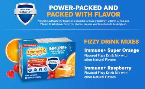EmergenC Immune+ 1000 Mg Vitamin C + Vitamin D and Zinc (Super Orange 60 Ct/Raspberry 30Ct) 90 Packets