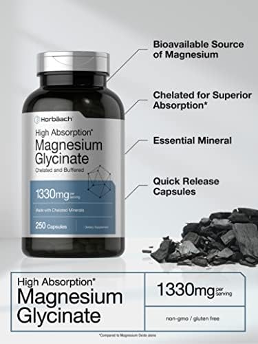 Horbaach Magnesium Glycinate 1330mg 250 Capsules Buffered with Chelated Minerals 240 mg per Serving NonGMO Gluten Free Supplement