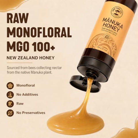 One Tree Hill New Zealand Manuka Honey, MGO 100+ Certified Raw Manuka Honey, Monofloral, 100% Pure Single-Origin, Squeeze Bottle for Toast, Yogurt, Oatmeal, Baking - 12.3 oz (350 g)