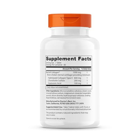 Doctor'S Best Hyaluronic Acid With Chondroitin Sulfate - Joint Health Support Supplement For Women & Men Biocell Collagen Non-Gmo Gluten Free Soy Free 60 Tablets