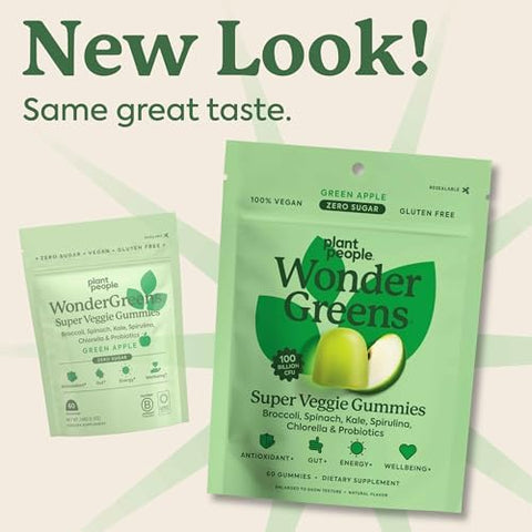 Plant People Wondergreens Kids Super Veggie Gummies â€“ Sugar- Allergen- Multivitamin For Picky Eaters With Probiotics â€“ Tummy & Immune Support â€“ Green Apple Flavor (30 Count)