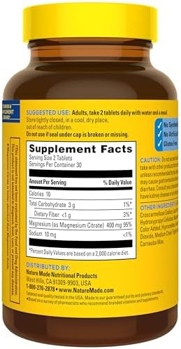 Nature Made Extra Strength Dosage Magnesium Citrate Tablets High Absorption Magnesium Citrate 400Mg Per Serving Bone And Muscle Support 60 Tablets 30 Day Supply