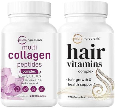 Micro Ingredients Multi Collagen Complex For Women & Hair Vitamins Complex Capsules Bundle 2 Pack Grassfed Collagen Peptides 14In1 Advanced Hair Growth Support