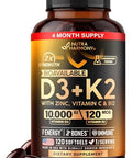 Nutraharmony Vitamin D3 K2 - Vitamin D3 10000 Iu & K2 120 Mcg - Immune & Mood Support For Bone & Teeth Health - With Zinc Vitamin C & B12 - Highly Bioavailable - For Men & Women - Made In Usa 120 Softgels