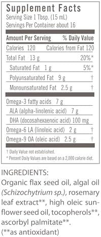 Flora Dha Flax Oil Supports Brain Health Contains Vegan Omega3 Omega6 & Omega9 Vegan Gluten Kosher & Nongmo Keep Chilled Glass Bottle 8.5 Fl. Oz.