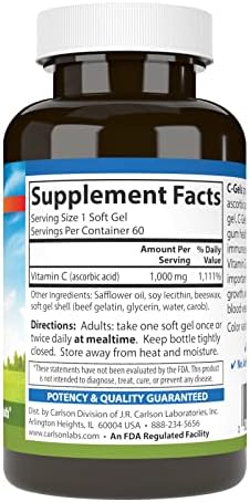 Carlson CGel 1000 mg Vitamin C Immune Support and Tissue Health Antioxidant 60 Soft gels