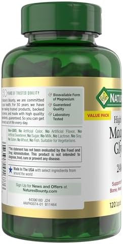 Nature's Bounty High Absorption Magnesium Glycinate For Supporting Muscle Relaxation And Bone Heart & Nerve Health Non-Gmo Gluten- Vegetarian /60 Servings 240 Mg 120 Count