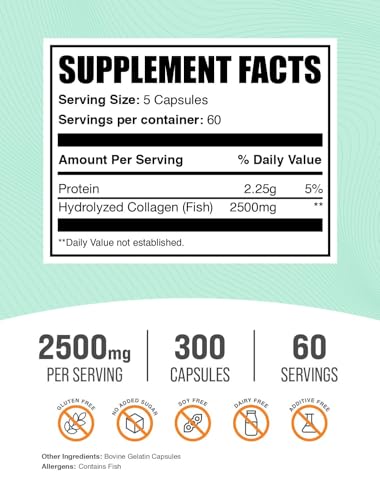 Bulksupplements.Com Marine Collagen Capsules - Fish Collagen Supplement Collagen For Women & Men - Hydrolyzed Collagen Gluten Free 5 Capsules Per Serving 300 Capsules (Pack Of 1)