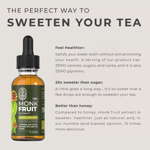 MONK FRUIT SWEETENER LIQUID - MONK FRUIT EXTRACT - No Erythritol, Zero Calories & Sugars, No added water, Keto-friendly, Designed for Tea Lovers