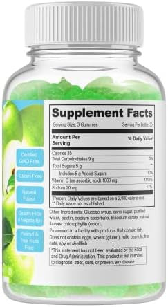 Doctors Finest Vitamin C 1000Mg Gummies, Maximum Strength, Vegan, Gmo- Gluten , Great Taste Natural Sour Apple Flavor Gummy Vitamins, Immune Support Dietary Supplement, For Adults, 90 Gummies