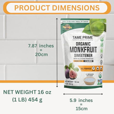 Tame prime USDA Organic Monkfruit sweetener with Allulose from figs, 1 lb (454 g), 1:1 sweet like sugar, organic monk fruit without erythritol, 0 calories, 0 Glycemic index, Keto