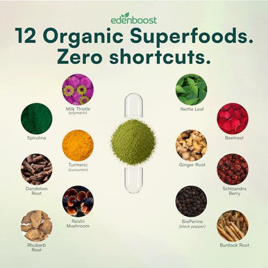 Edenboost Liver Support Supplement - Advanced Detox Cleanse With 12 Organic Superfoods - Milk Thistle Spirulina Turmeric For Liver Digestion Energy 60 Vegan Capsules Alphacleanse