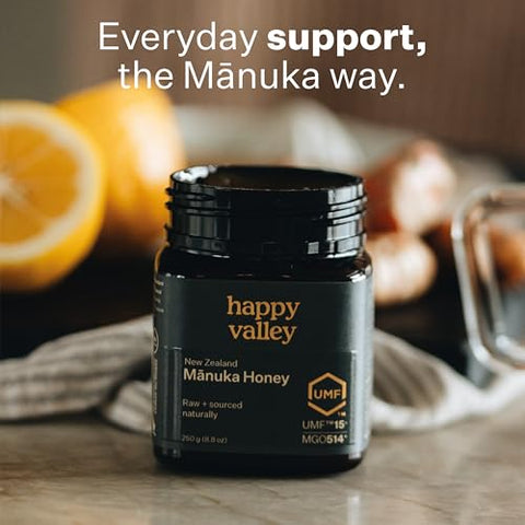 Happy Valley UMF 15+ | MGO 514+ Raw Manuka Honey Ã¢â‚¬â€œ Certified UMF, Unpasteurized, Monofloral, 500g / 17.6oz Jar | Traceable from Hive-to-Table, Immune Support, Skin & Daily Wellness Ã¢â‚¬â€œ Product of New Zealand
